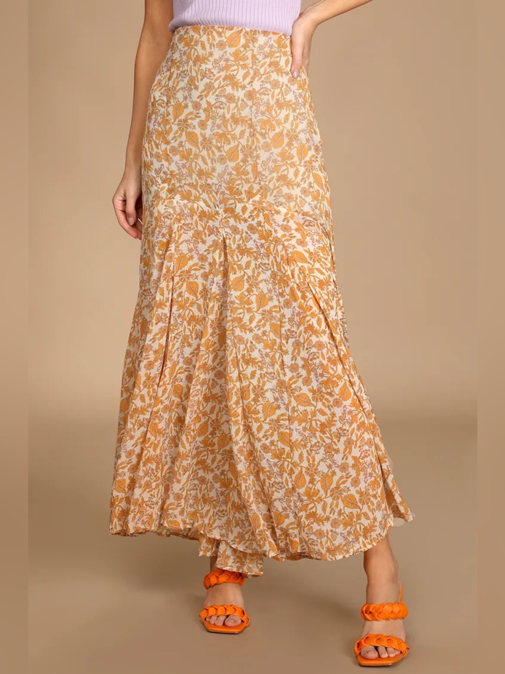 Free People Lilith Cream and Orange Floral Print Maxi Skirt, SZ 4 - Picture 3 of 12